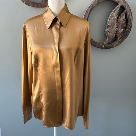 Almost new -Lafayette 148 size 14 100% silk satin gold blouse - Picture 2 of 9